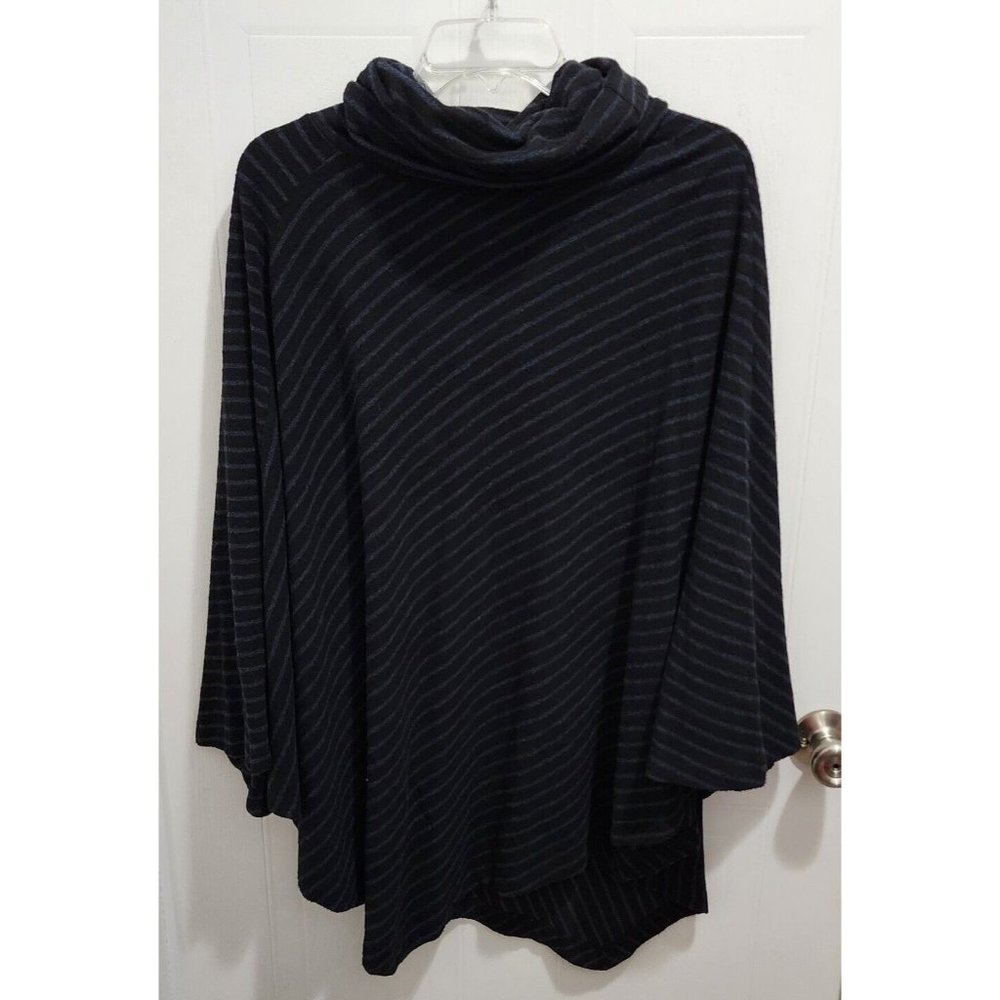 CAPOTE Women's Cowl Neck Poncho Sweater Blue/Black Striped Rayon Blend Sz M/L